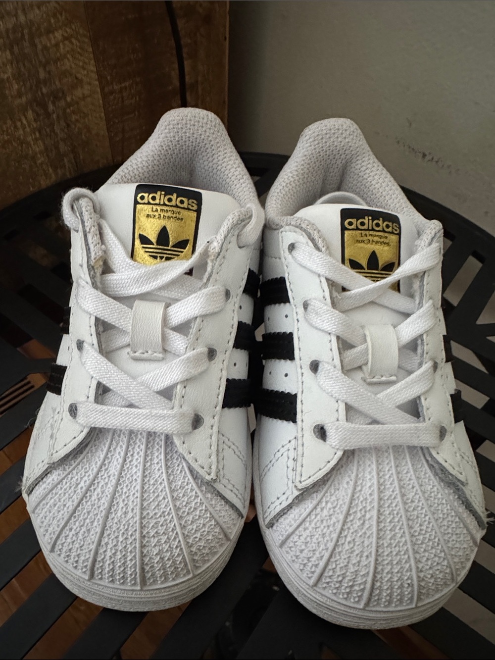 adidas White & Black Kids' Shell-Toe Sneakers with Gold Logo